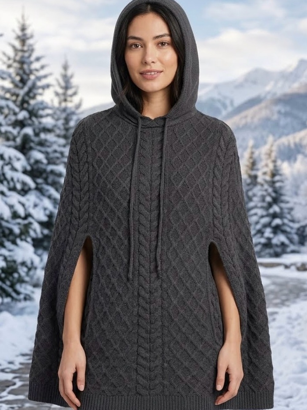 Whimsigoth Hooded Poncho Sweater Black Cable Knit Cape Gorpcore Quilted Shawl